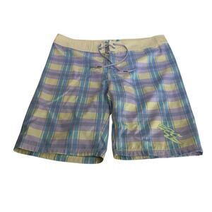 Da Hui Size 11 Yellow Blue Pastel Plaid Drawstring Swim Board Shorts